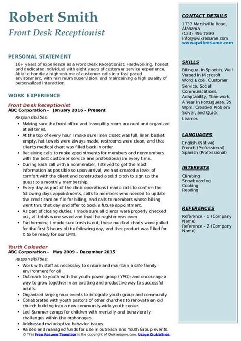 Front Desk Receptionist Resume Samples Qwikresume