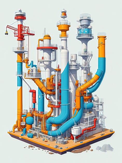 Un dibujo de una gran planta industrial con una combinación de colores