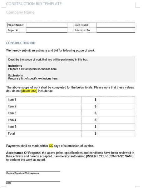 Construction Bid Template – JtechDigi