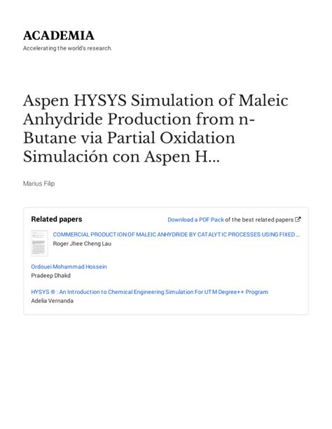 Aspen Hysys Simulation Of Maleic Anhydride Production From N Butane Via