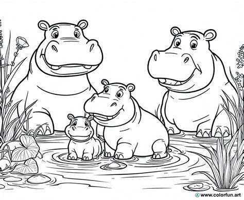 Coloriage de l hippopotame en famille à Télécharger ou à Imprimer