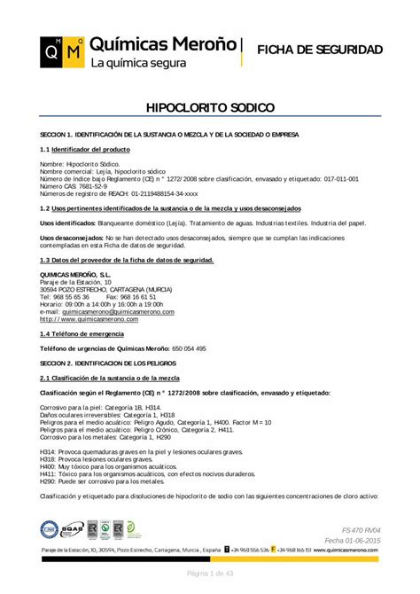 PDF FICHA DE SEGURIDAD HIPOCLORITO SODICO Clasificación y