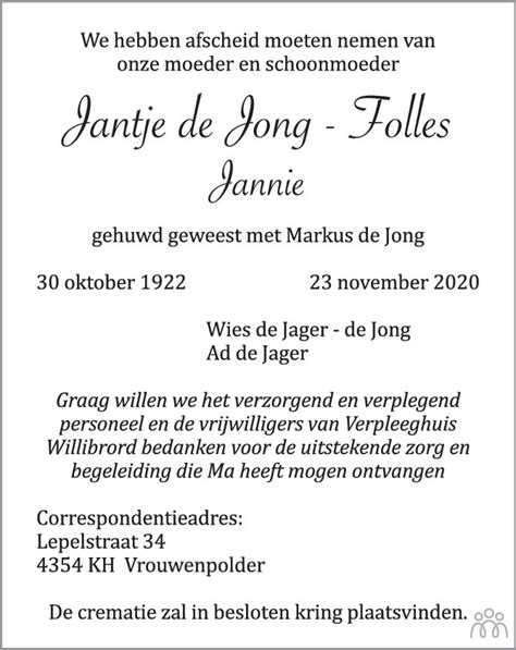 Jantje Jannie De Jong Folles 23 11 2020 Overlijdensbericht En