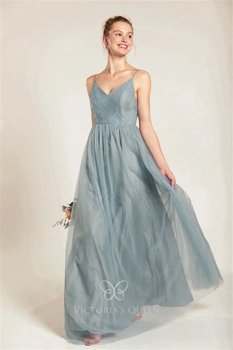 Dusty Blue Tulle V Neck Spaghetti Straps Bridesmaid Dress Vq