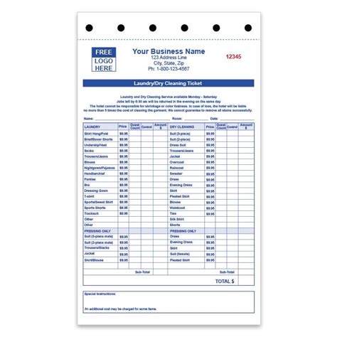 Hotel Laundry And Dry Cleaning Ticket Carbonless Copies Custom