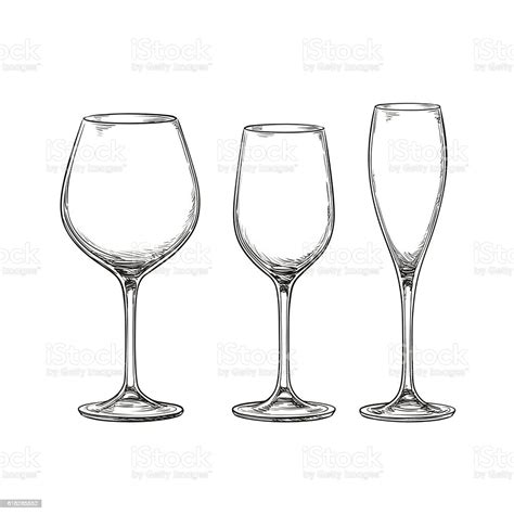 Set Of Empty Wine Glasses Stock Illustration Download Image Now Drinking Glass Engraving