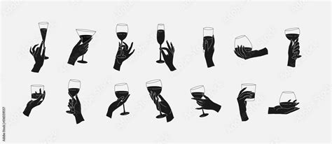 Collection Of Different Woman Hands Gestures Hold Wineglass Or Drink