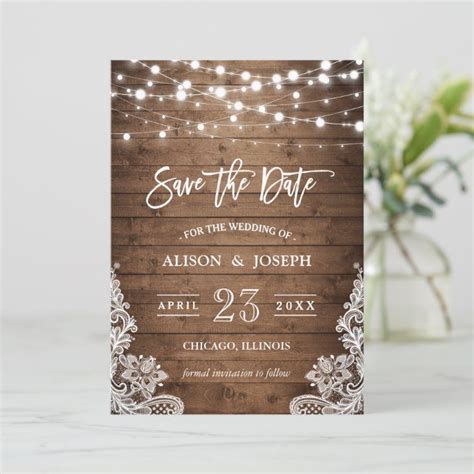 Save The Date Twinkle Lights Rustic Wood Lace Save The Date Postcards