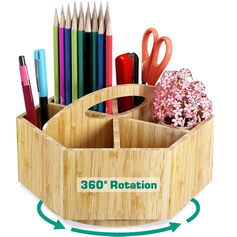 Bamboo 360° Colored Pen Pencil Holder Organizer Darfoo Spinning Art Supply Organizer For Desk