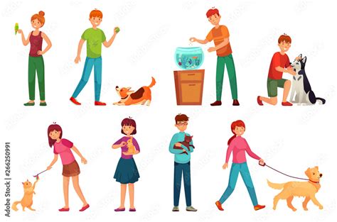 People with pets. Playing with dog, happy pet and dogs owners cartoon vector illustration set ...