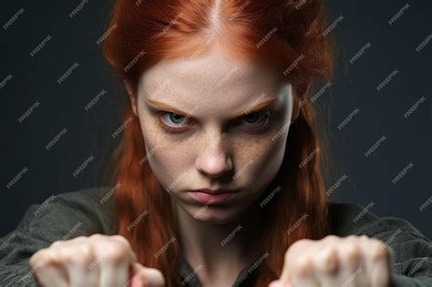 Premium Photo Fierce Displeased Serious Redhead Girl Shows Clenched Fist With Anger