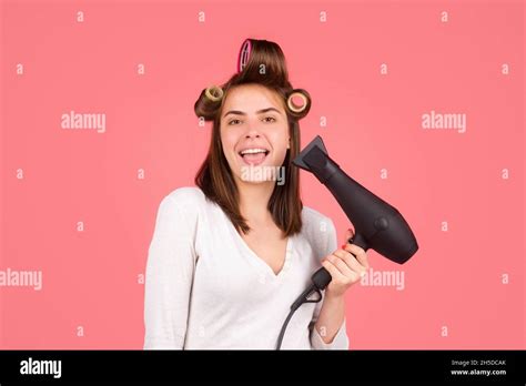 Funny Woman With Hair Dryer Beautiful Girl With Straight Hair Drying