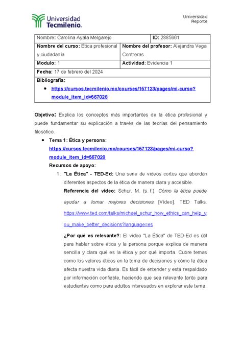 Evidencia Etica Profesional Y Ciudadania Reporte Nombre Carolina