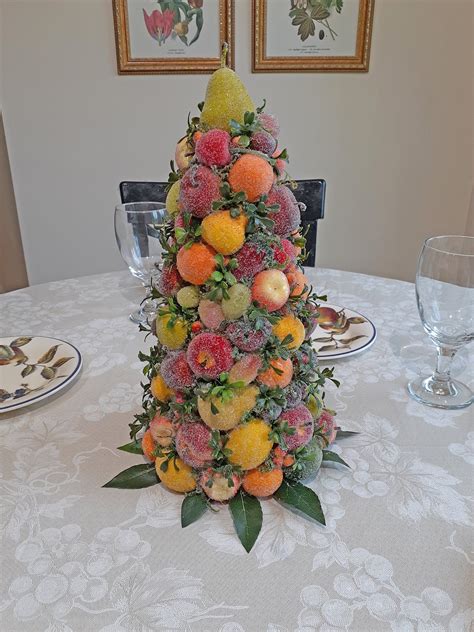 Christmas Sugared Fruit Cone Topiary Centerpiece Dining Table Centerpiece Berry Apple Cone