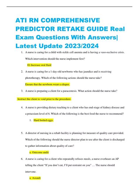 ATI RN COMPREHENSIVE PREDICTOR RETAKE GUIDE Real Exam Questions With