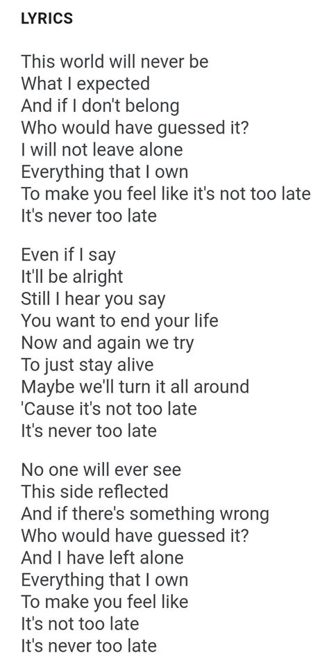 Three Days Grace Never Too Late Lyrics