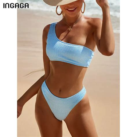 INGAGA Sexy Ribbed Bikini Women S Swimsuits One Shoulder Swimwear Women