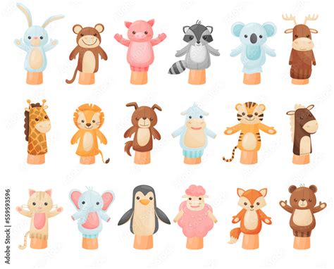 Hands animal puppets set. Lion, giraffe, monkey, kitten puppy, elephant ...