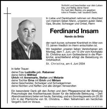 Traueranzeigen Von Ferdinand Insam Trauer Bz