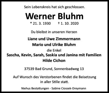 Traueranzeigen Von Werner Bluhm Harztrauer De