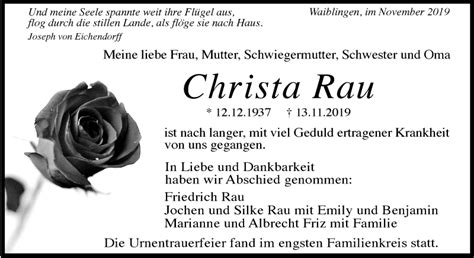 Traueranzeigen Von Christa Rau Zvw Trauer