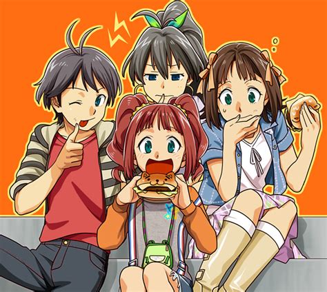 Safebooru Black Hair Blue Eyes Brown Hair Eating Food Ganaha Hibiki