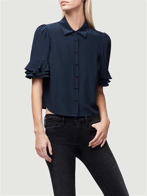 Ruffle Sleeve Silk Top Dark Navy Tops Ruffle Sleeve Silk Top