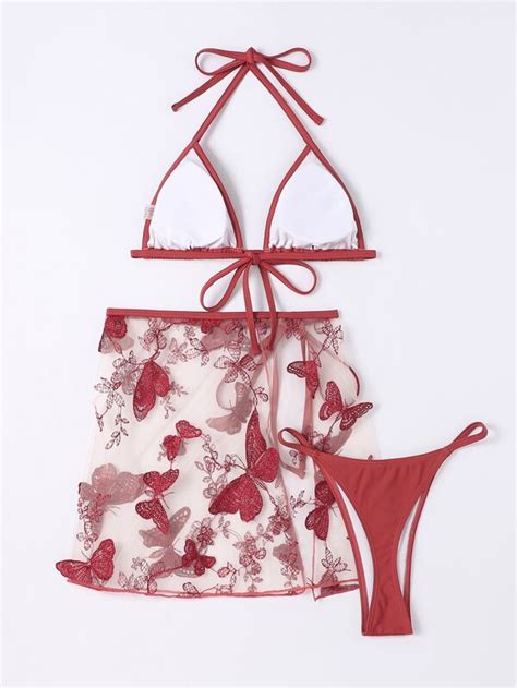 Shein Swim Sxy Butterfly And Floral Embroidery Mesh Bikini Set Halter