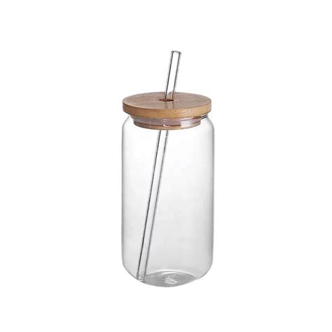 clear glass drinking  shape bottle  bamboo lid  glass straw