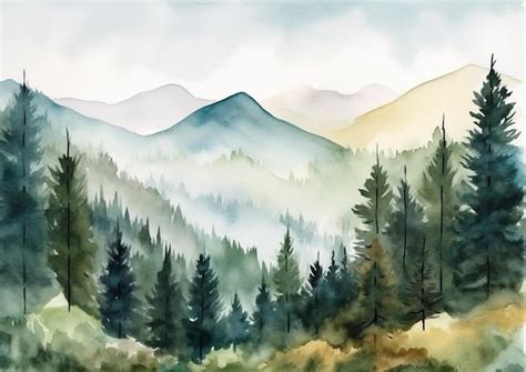 Premium Photo Watercolor Painting Of A Mountain Landscape With Trees