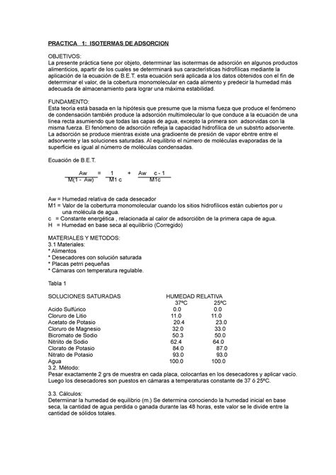 Pr Ctica Y Isoterma Y Actividad De Agua Practica Isotermas De