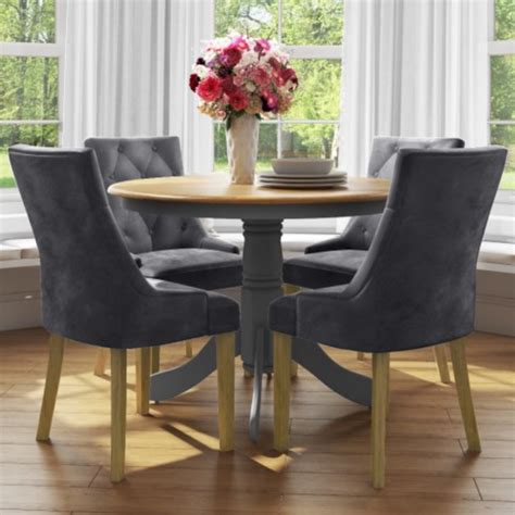 Small Round Dining Table With 4 Velvet Chairs In Grey With Oak Finish