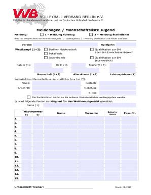 Ausfüllbar Online vvb online Meldebogen Mannschaftsliste Jugend Fax