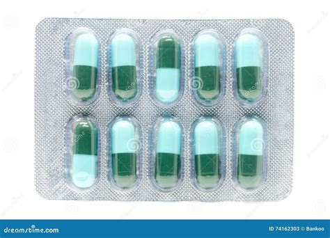 Blue Green Antibiotic Pills Gelatin Capsule In Blister Pack Royalty