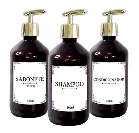 Kit Banheiro Minimalista 3 Frasco Pet Âmbar 500ml Shampoo Condicionador