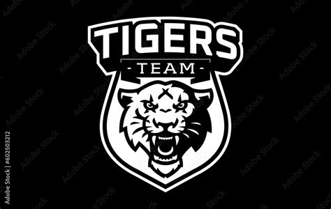 Monochrome sticker, sport logo with tiger mascot. Black and white emblem with the head of a ...