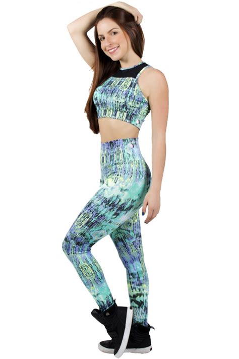 Conjunto Cropped Estampado Detalhe Liso Legging Verde Kaisan