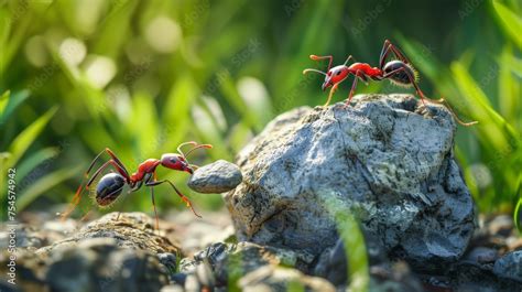 Ant Teamwork Is Highlighted As They Push A Stone Uphill Together Stock