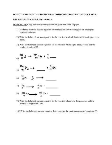 Balancing Nuclear Equations Worksheet