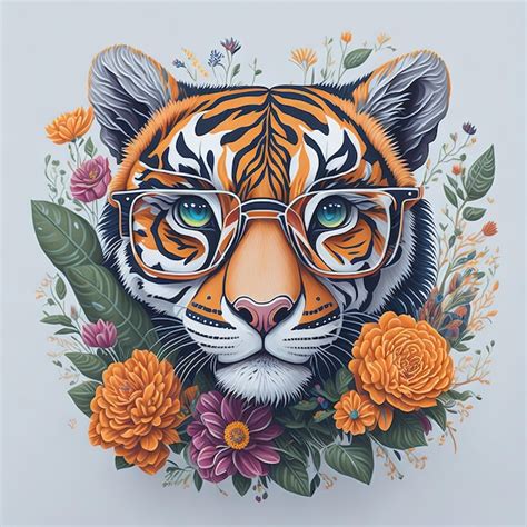 Premium Ai Image A Drawing Of A Tiger With Glasses And Flowers On It