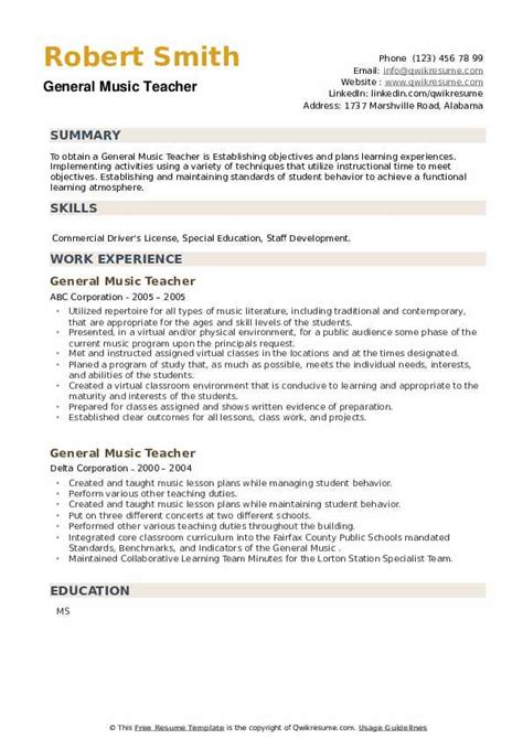 General Music Teacher Resume Samples Qwikresume