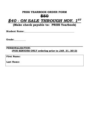 Fillable Online Prhs Sau Prhs Yearbook Order Form Sau Prhs