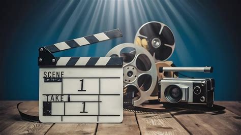 Premium Photo Clapperboard Film Reel And Camcorder On Blue Background