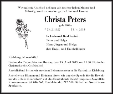 Traueranzeigen Von Christa Peters Sh Z Trauer