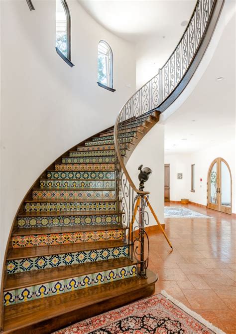 Curved Staircase With Spanish Tile Risers Mediterranean Staircase