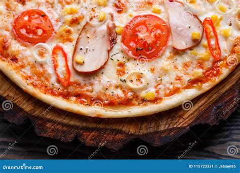 Appetizing Pizza With Smoked Chicken Fillet Sweet Corn And Toma Stock