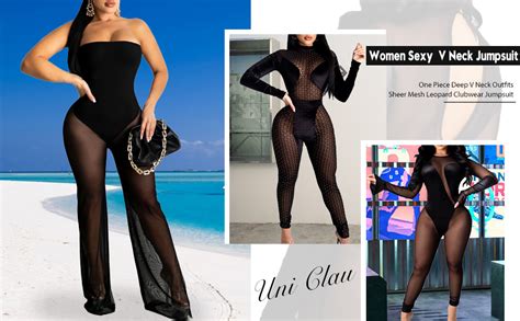 Uni Clau Women See Through Bodycon Jumpsuit One Piece Deep V Neck