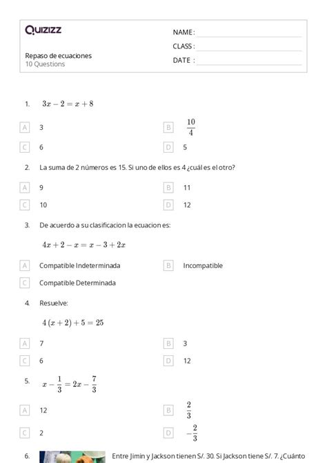 50 Ecuaciones De Varios Pasos Hojas De Trabajo En Quizizz Gratis E