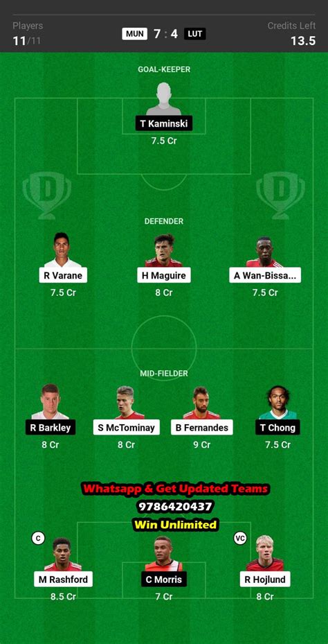 Mun Vs Lut Dream11 Team Fantasy Prediction Premier League