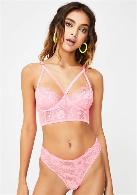 Neon Pink Lace Bralette Panties Set Dolls Kill